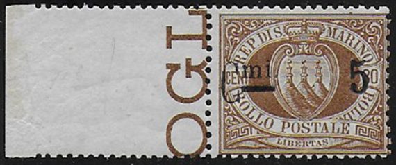 1892 San Marino stemma 5c. su 30c. bf MNH Sassone n. 9