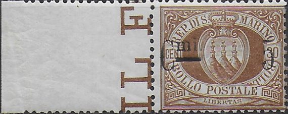 1892 San Marino stemma 5c. on 30c. brown bl MNH Sassone n. 9