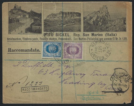 1877 San Marino Lettera 10c. azzurro/ 40c. lilla scuro Sassone n. 3A+7