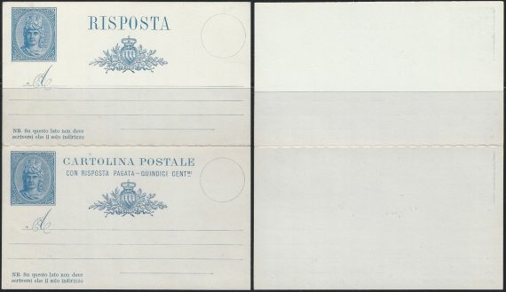 1882 San Marino Cartoline Postali Libertas azzurro c. 15+R 1v. Filagrano C2