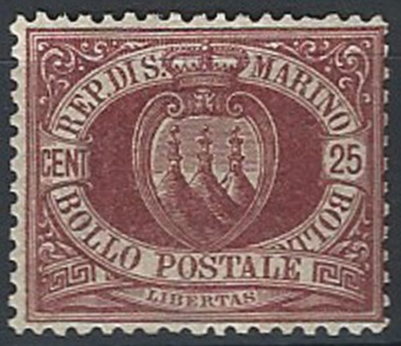 1890 San Marino stemma 25c. lacca MNH Sassone n. 5
