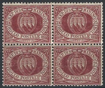 1890 San Marino stemma 25c. lacca bl4 MNH Sassone n. 5