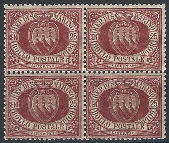 1890 San Marino stemma 25c. lacca bl4 MNH Sassone n. 5