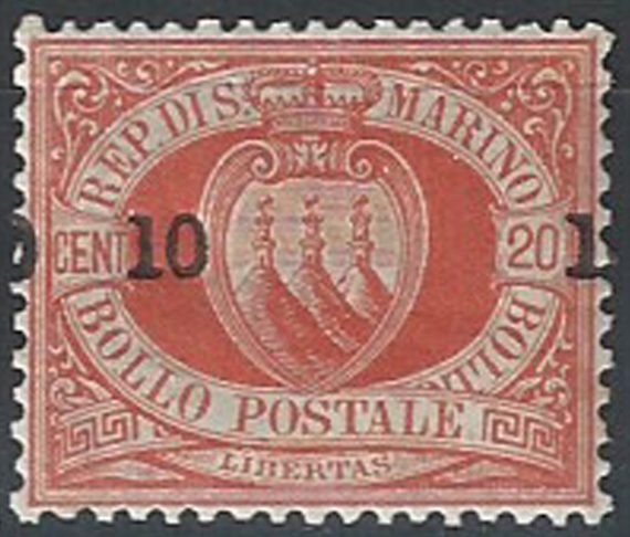 1892 San Marino stemma "0 10 1" su 20c. rosso MNH Sassone n. 11h