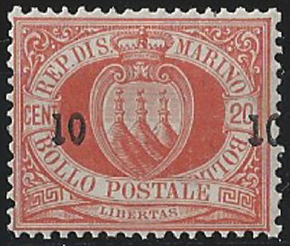 1892 San Marino stemma 10c. small su 20c. MNH Sassone n. 11