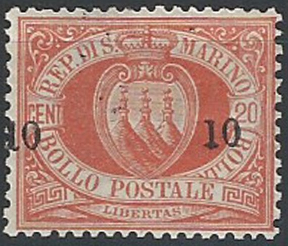 1892 San Marino stemma 10c. small su 20c. rosso varietà MNH