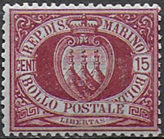 1894 San Marino stemma 15c. carmino bruno MNH Sassone n. 15