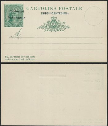 1921 San Marino cartoline postali Provvisorie 25c. su 10c. MNH Filagrano C7