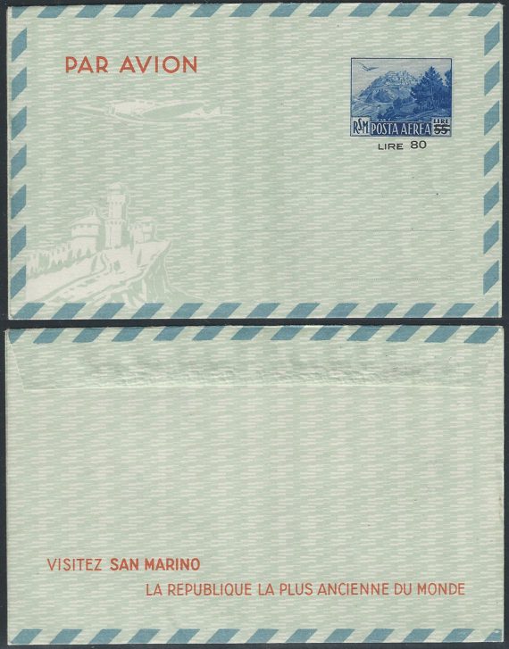 1951 San Marino Aerogramma monte Titano sopr. L. 80 su L. 55 Filagrano A6a