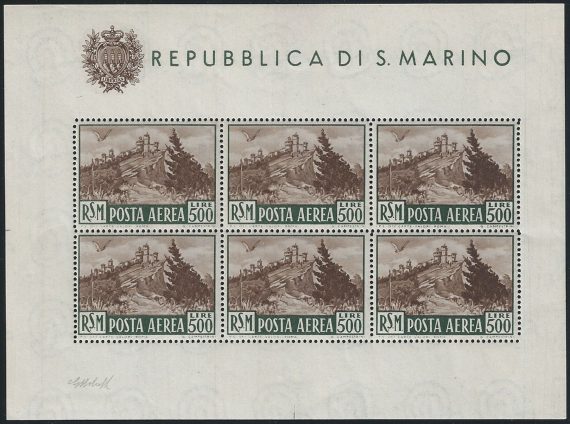 1951 San Marino Veduta Lire 500 bruno MS MNH Sassone n. 12
