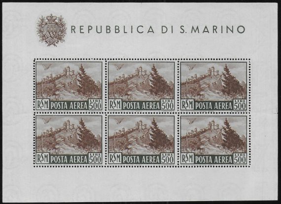 1951 San Marino Veduta Lire 500 bruno MS MNH Sassone n. 12