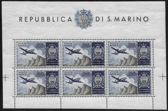1954 San Marino Lire 1.000 Aereo II MS MNH Sassone n. 16