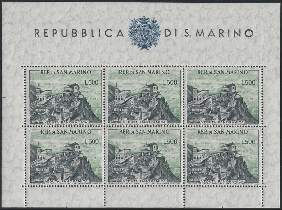 1958 San Marino Panorama Lire 500 MS MNH Sassone n. 18