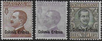 1916 Eritrea VE III Bust of the King mc. 3v. MNH Sassone n. 38/40