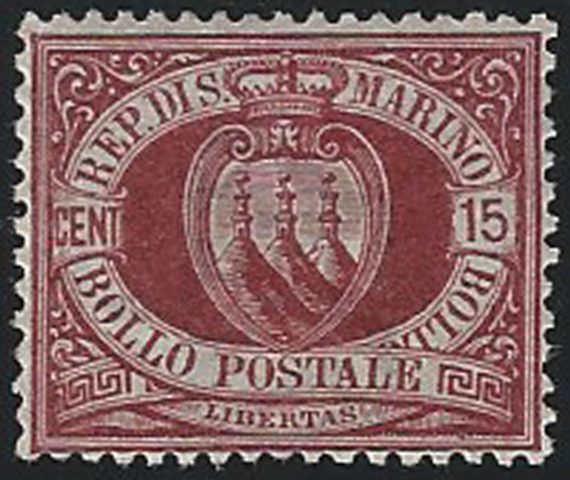 1894 San Marino stemma 15c. carminio bruno bc MNH Sassone n. 15