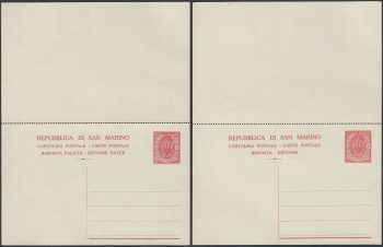 1925 San Marino cartoline postali Stemma 40c.+40c. rosso Filagrano C17