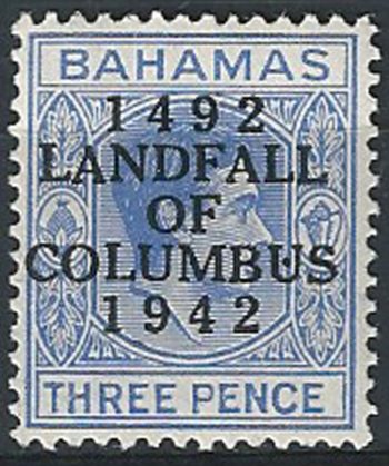 1942 Bahamas Columbus 3p. variety dot in second "U" MNH