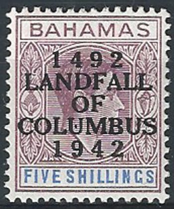 1942 Bahamas Columbus 5s. variety dot in first "U" MNH