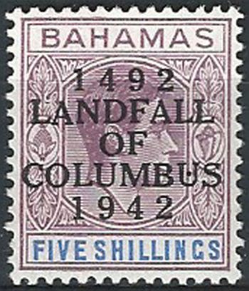 1942 Bahamas Columbus 5s. variety dot in second "U" MNH