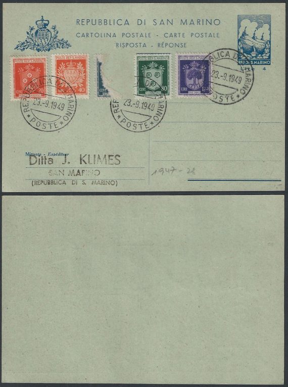 1947 San Marino cartoline postali Lire 4+4 azzurro-verdino US Filagrano C24B
