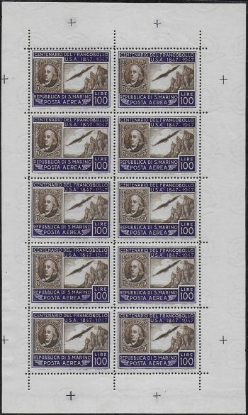 1947 San Marino first US postage stamp MS MNH Sassone n. 8