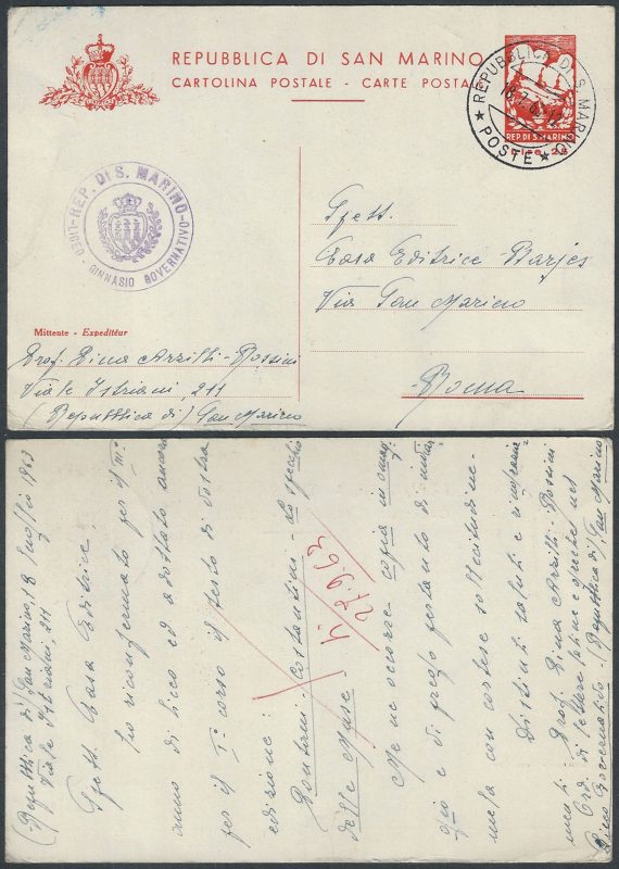 1959 San Marino cartolina postale Tre Penne cancelled Filagrano n. C28