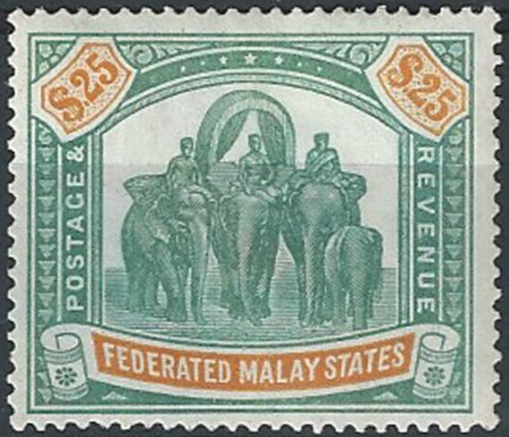1928 Malaysia Federated Malay States $25 green-orange MH SG. 82