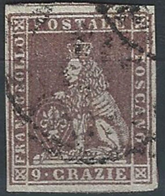 1851 Toscana 9cr. bruno violaceo su grigio cancelled Sassone n. 8