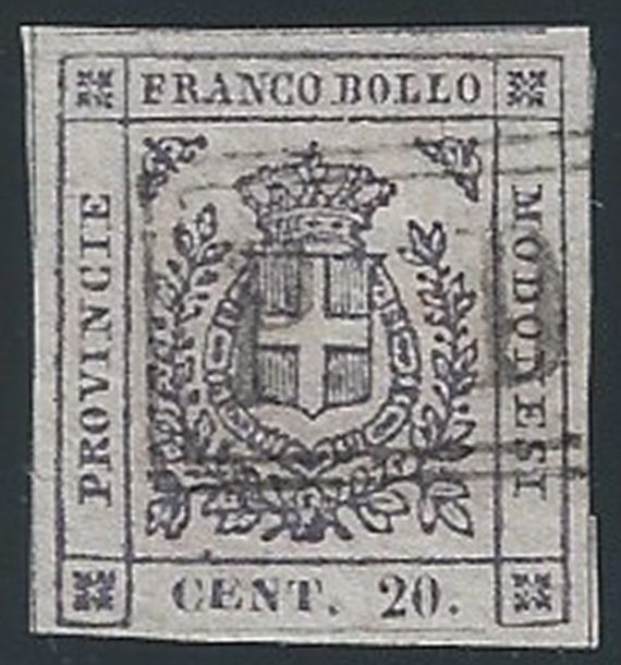 1859 Modena 20c lilla violaceo scuro cancelled Sassone n. 16b € 3750,00