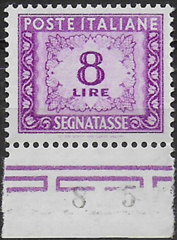 1956 Italia segnatasse Lire 8 lilla bf MNH Sassone n. 112