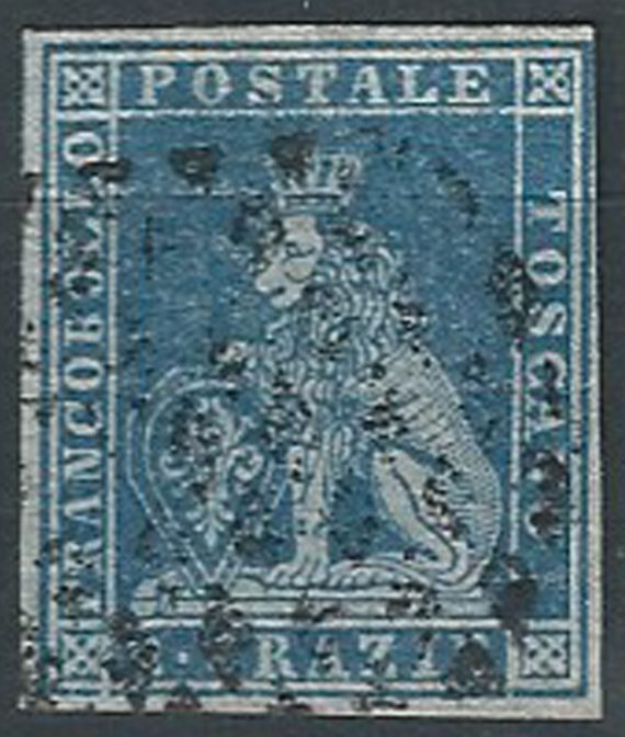 1851 Toscana 2 crazie azzurro grigio su azzurro cancelled Sassone n. 5a