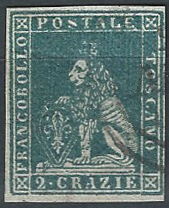 1851 Toscana 2 crazie verde azzurro su grigio cancelled Sassone n. 5f