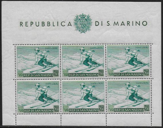 1953 San Marino Lire 200 Sciatrice MS MNH Sassone n. 15