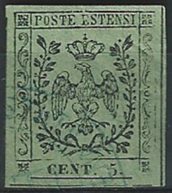 1852 Modena 5c. verde oliva cancelled Sassone n. 8