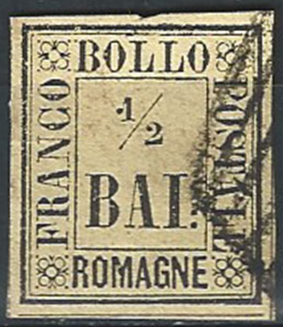 1859 Romagne 1/2 bajocco giallo paglia cancelled Sassone 1