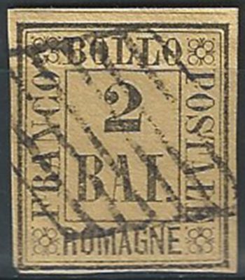 1859 Romagne 2 bajocchi giallo arancio cancelled Sassone 3