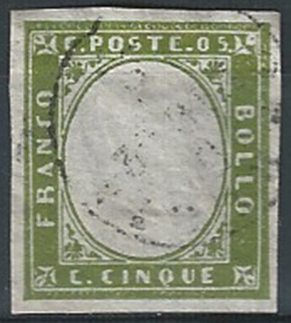 1861 Sardegna 5c. verde oliva giallastro cancelled Sassone n. 13Cc