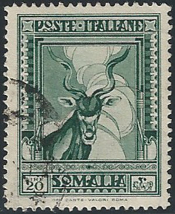 1937 Somalia L. 20 d. 14 verde cancelled Sass. n. 229