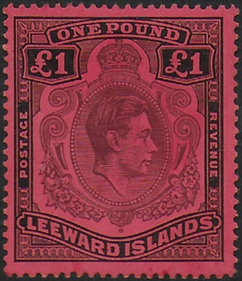 1938 Leeward Islands £ 1 brown-purple and black-red MNH SG n. 114