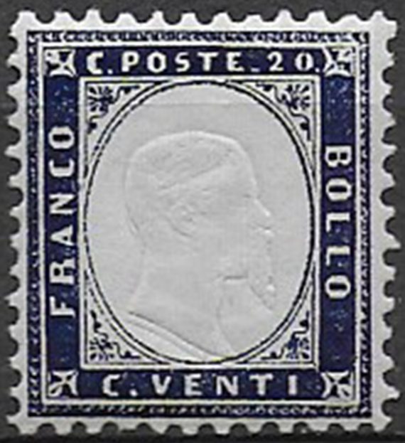 1862 Italia VE II 20c. indaco bc MNH Sass n. 2