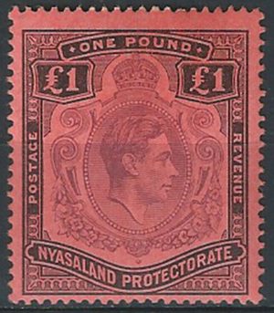 1938-44 Nyasaland Giorgio VI £1 purple and black-red  MNH SG. n. 143