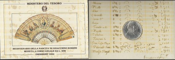 1992 Italia L. 500 argento Gioacchino Rossini in folder