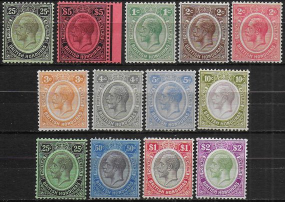 1922-33 Bitish Honduras George V 13v. MH SG n. 124/37