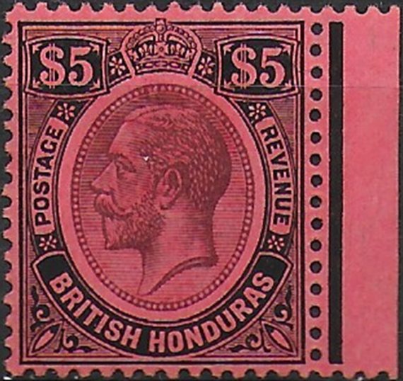 1924 Bitish Honduras $5 purple and black-red bf MLH SG n. 125