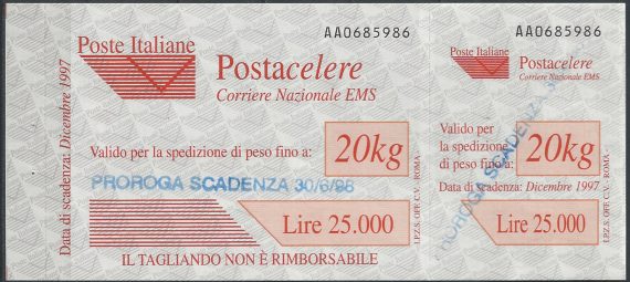 1997 Italia Postacelere L. 20.000 proroga MNH Sassone n. 6a