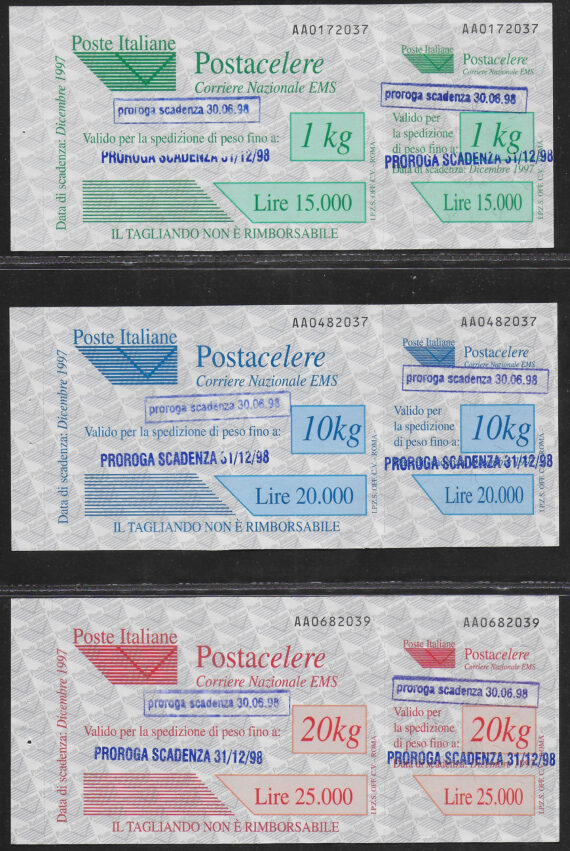 1998 Italia Postacelere 2 proroghe 3v. MNH Sassone n. 7a/9a
