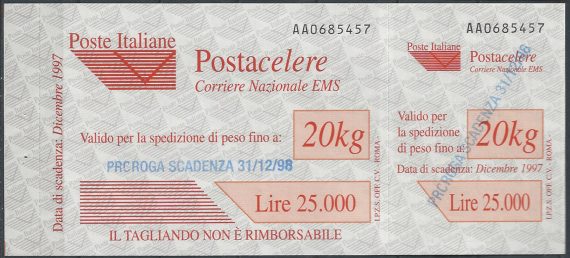 1998 Italia Postacelere L. 20.000 proroga MNH Sassone n. 9a