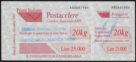 1998 Italia Postacelere L. 20.000 2 proroghe MNH Sassone n. 9ab