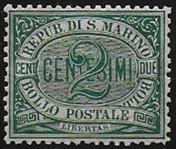 1877 San Marino digit 2c. verde bc MNH Sassone n. 1