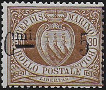 1892 San Marino stemma 5c. su 30c. MNH Sassone n. 9